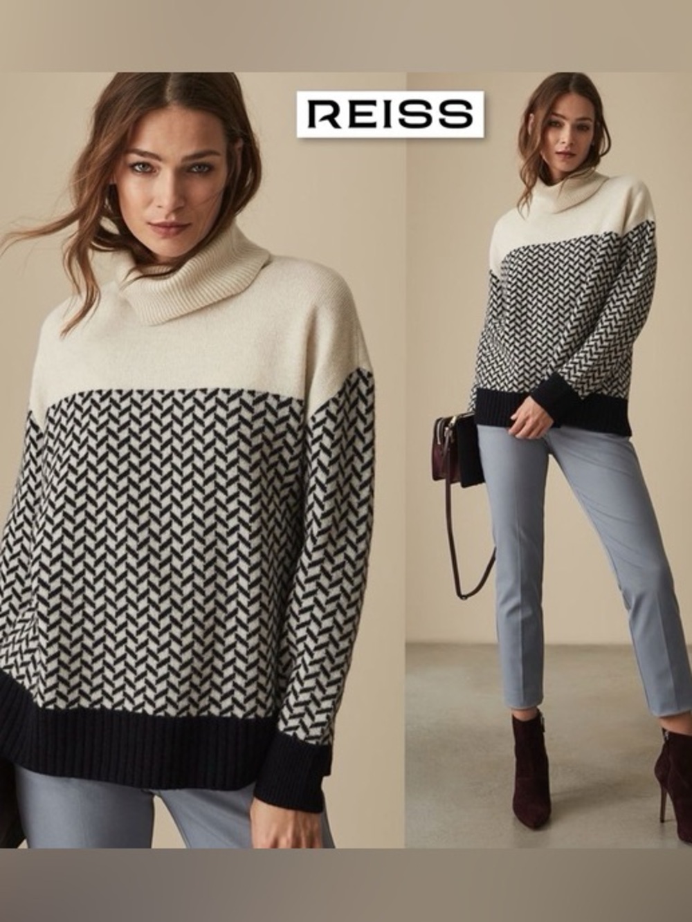 Reiss Azalea Wool Cashmere Rollneck oversized slouchy patterned Sweater sz M
